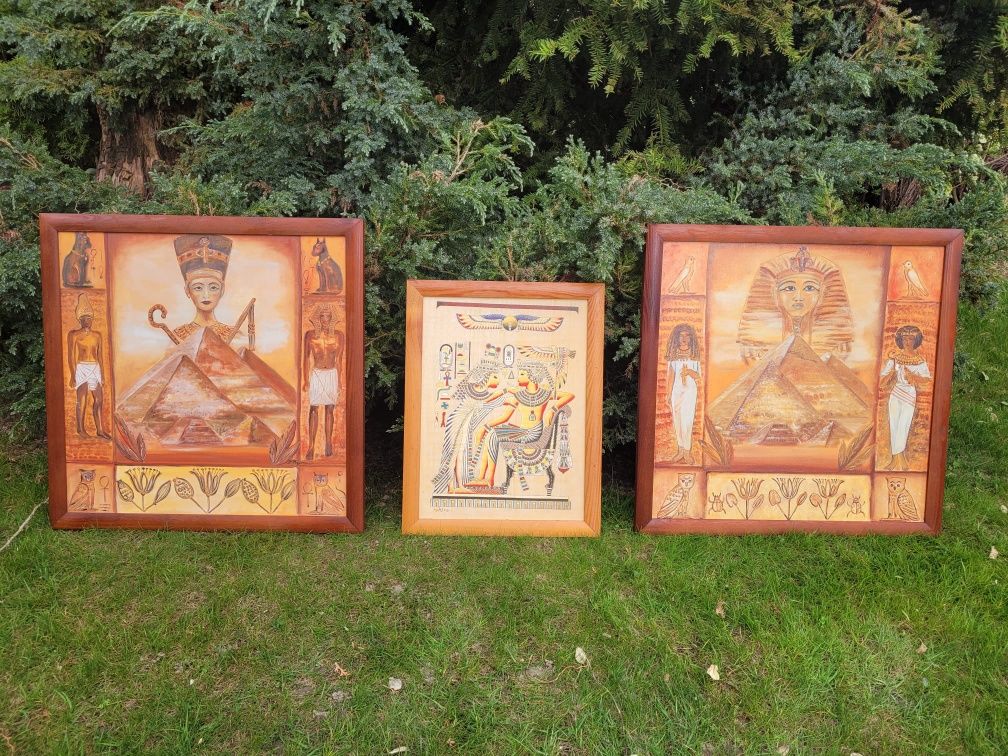 Zestaw 3 obrazów Starożytny Egipt na płycie w drewnianej ramce