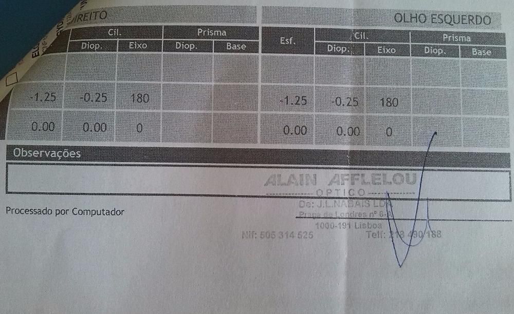 Óculos Graduados (Esq.-1.25/Drt. -1.25) Astigmatismo