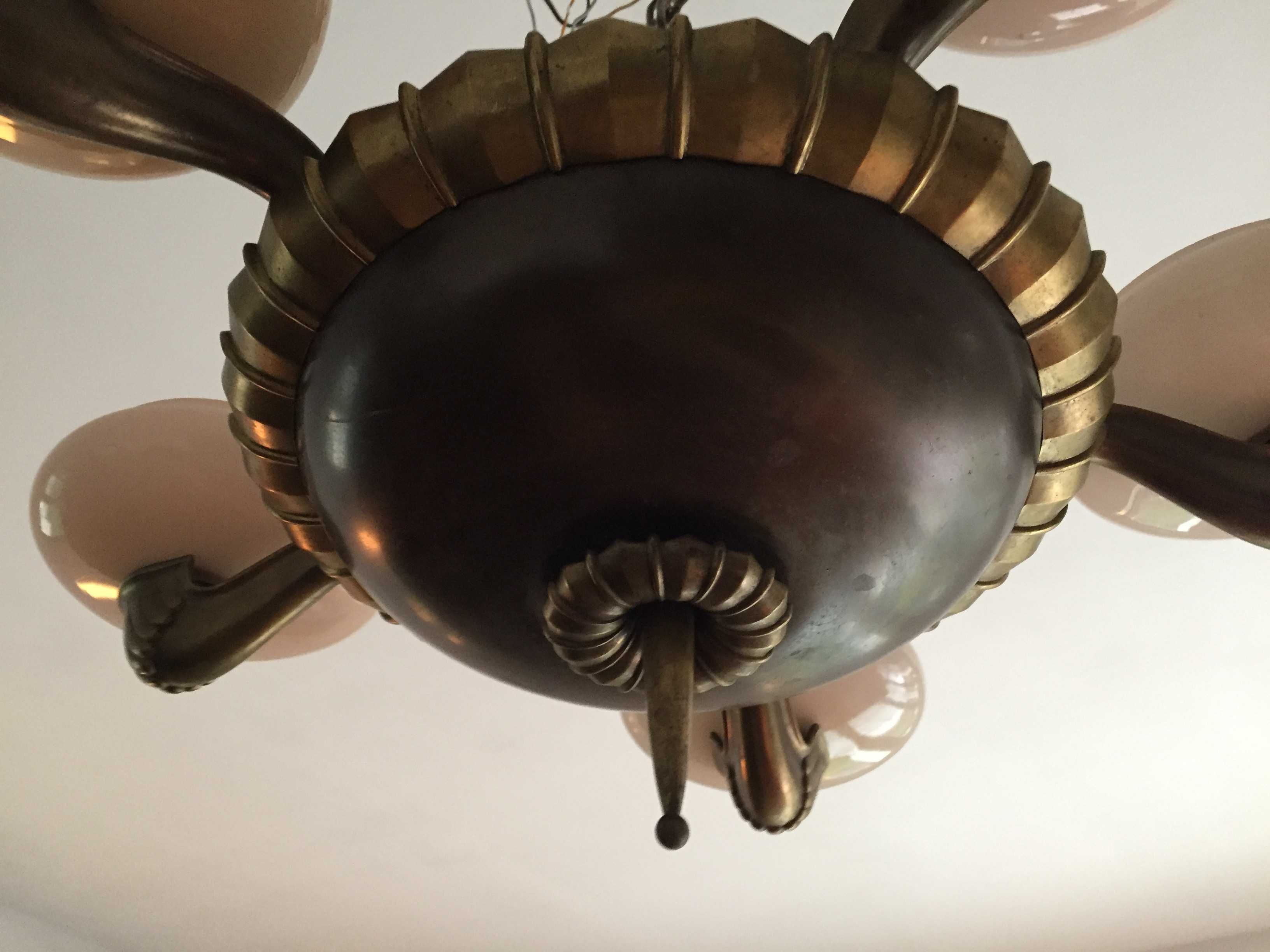 Stara lampa mosiężny żyrandol SECESJA 5-ramienny różowy klosz