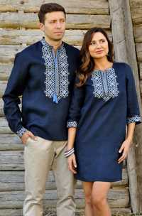 Лаконічний комплект - чоловіча сорочка і жіноче плаття-міні з вишивкою