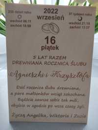 Kartka z kalendarza piąta rocznica ślubu drewniana prezent