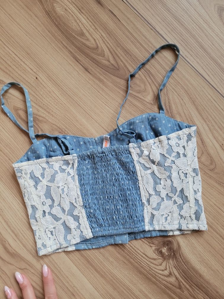 Bawełniany crop top z koronką sexy pin up dots bardotka kropeczki XS S