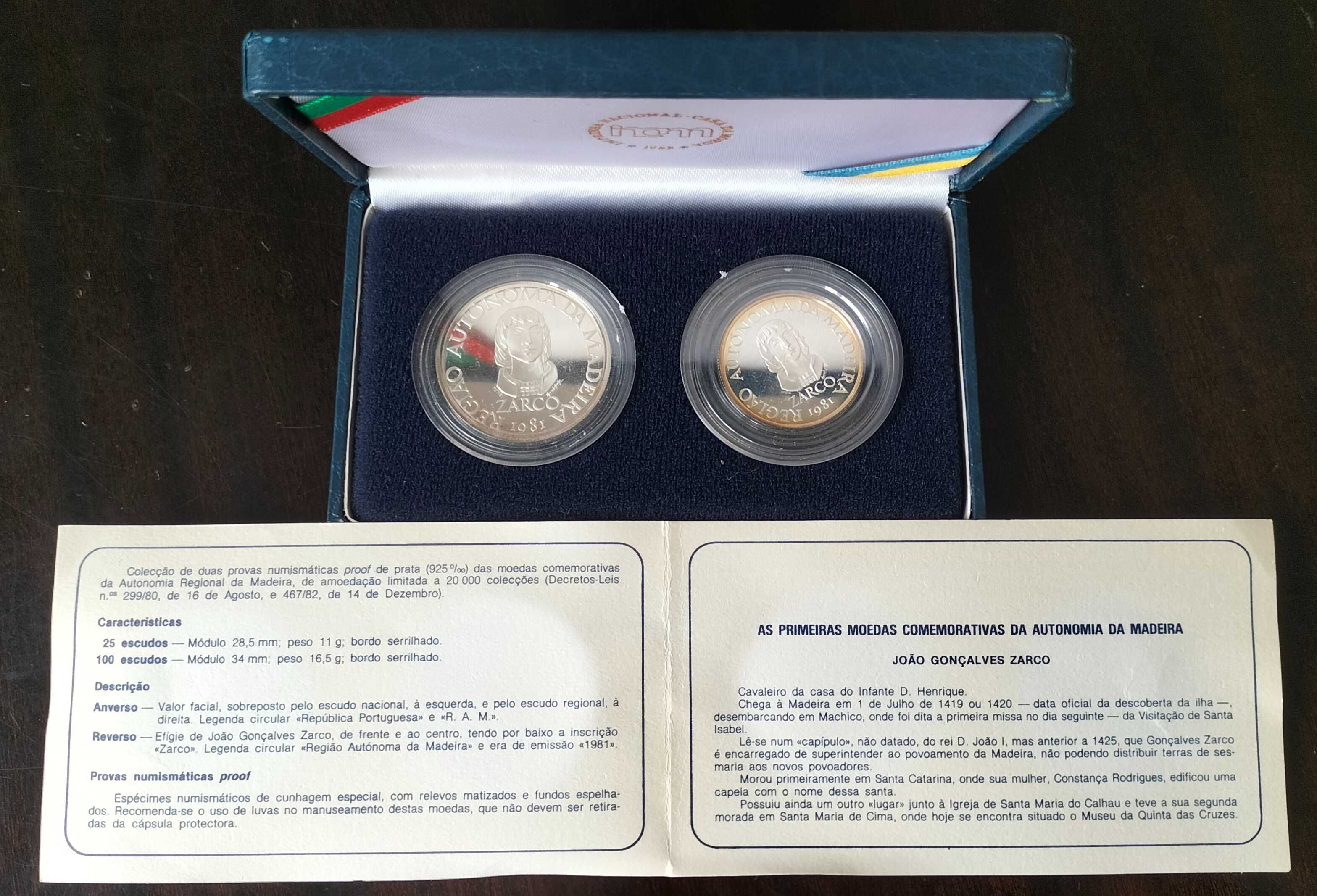 Estojo Duplo Autonomia Madeira 25$ + 100$ Prata Proof Estado Novo