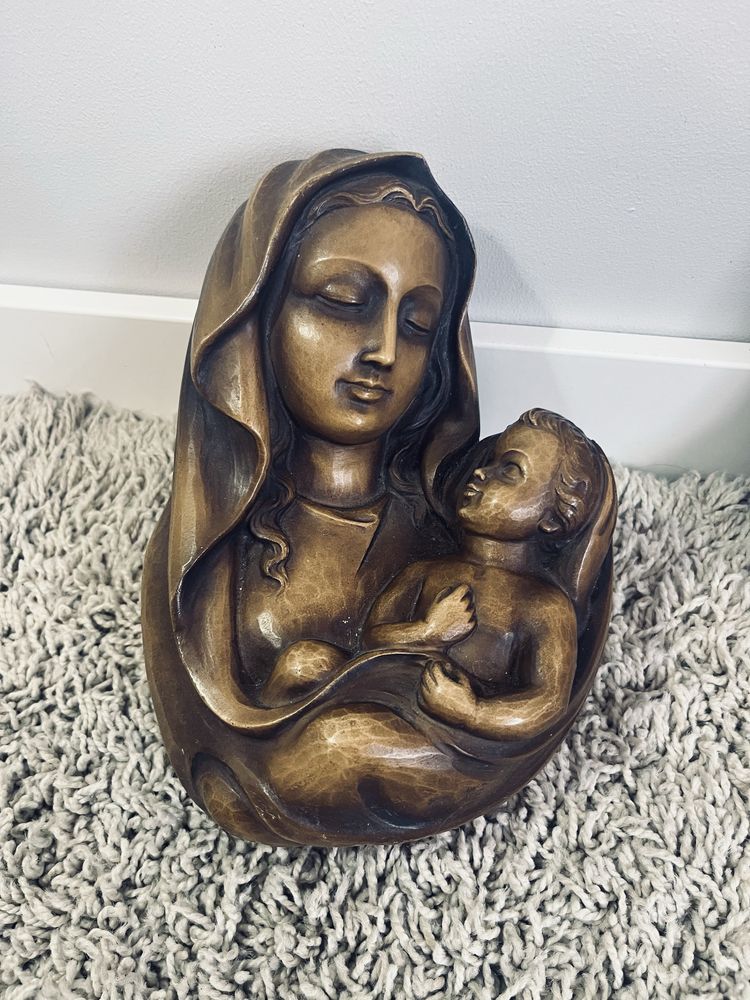 Brazowa figurka figura antyczna ikona matka boska z jezusem chrystusem