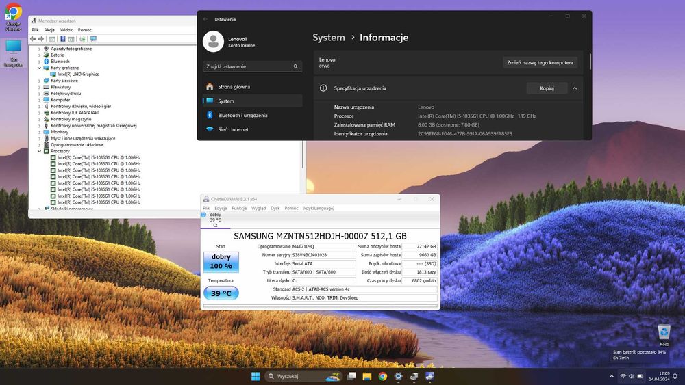 Lenovo S145-15 i5-1035G1 4 RDZENIE/8GB RAM/512GB SSD/15,6" FHD IPS/3H