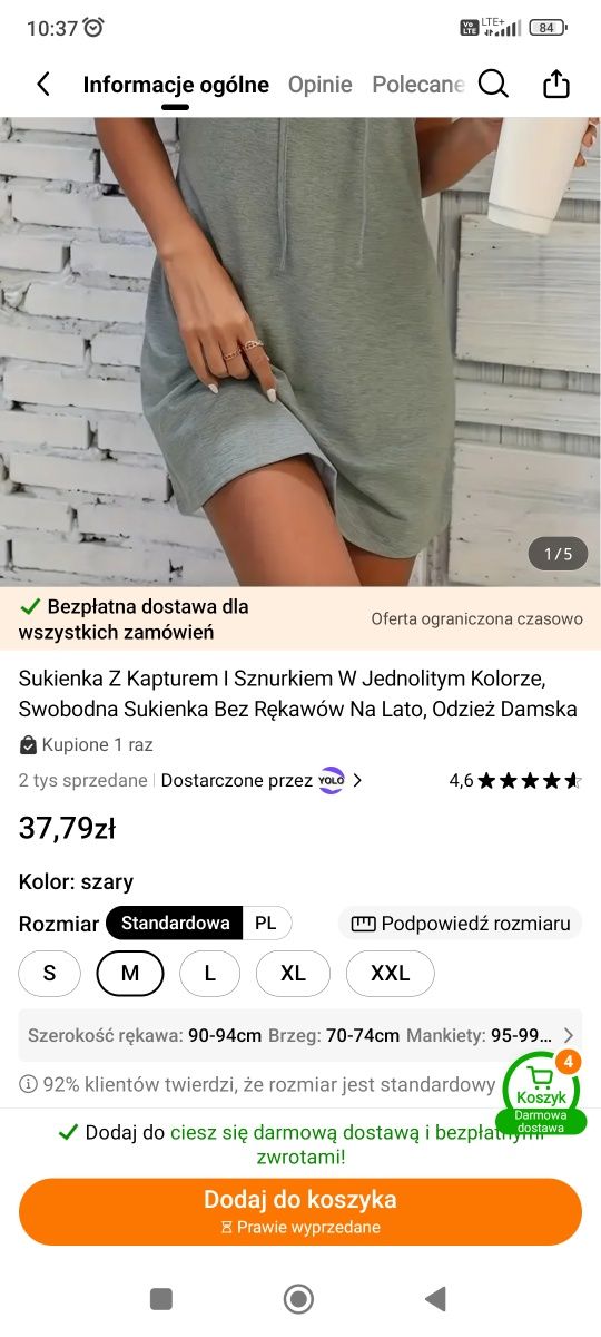 Sukienka sportowa z kapturem rozmiar 38/M nowa