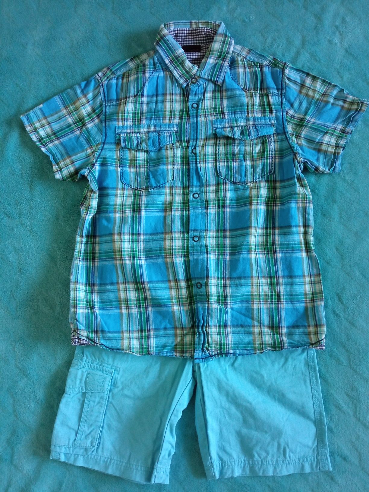 Koszula chłopięca krótki rękaw błękitno-zielona kratka r.140