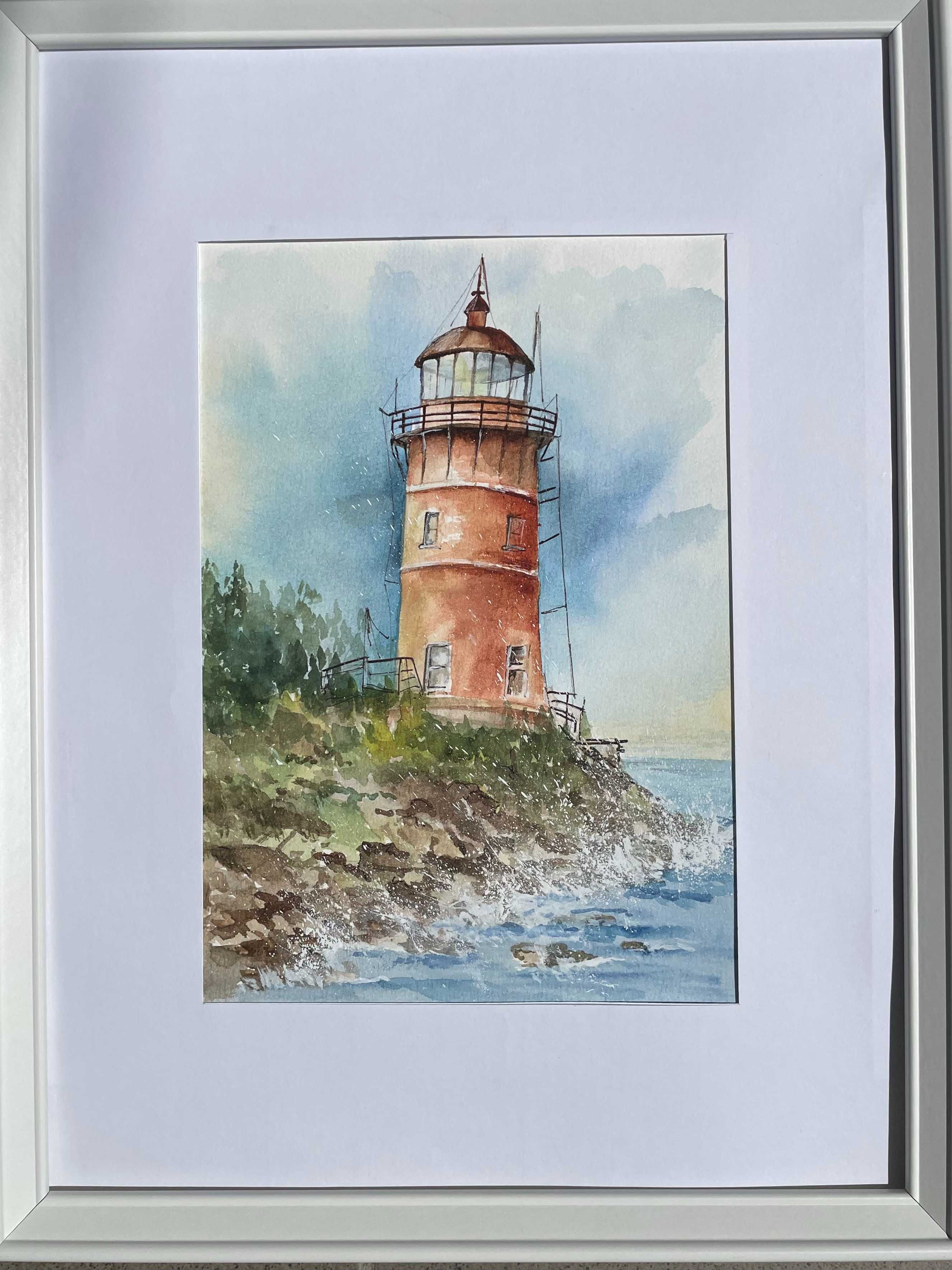 Akwarela-pejzaż nadmorski, latarnia . Format 19x27 cm.