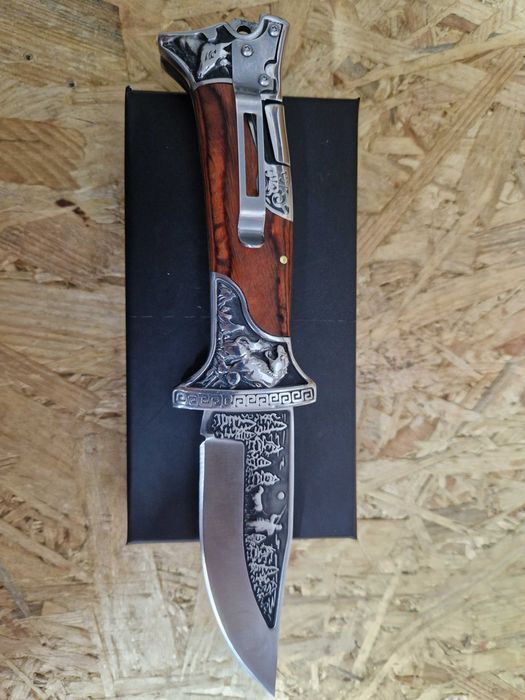 Nóż myśliwski składany 23cm – stal nierdzewna, drewno, grawer (N2293)
