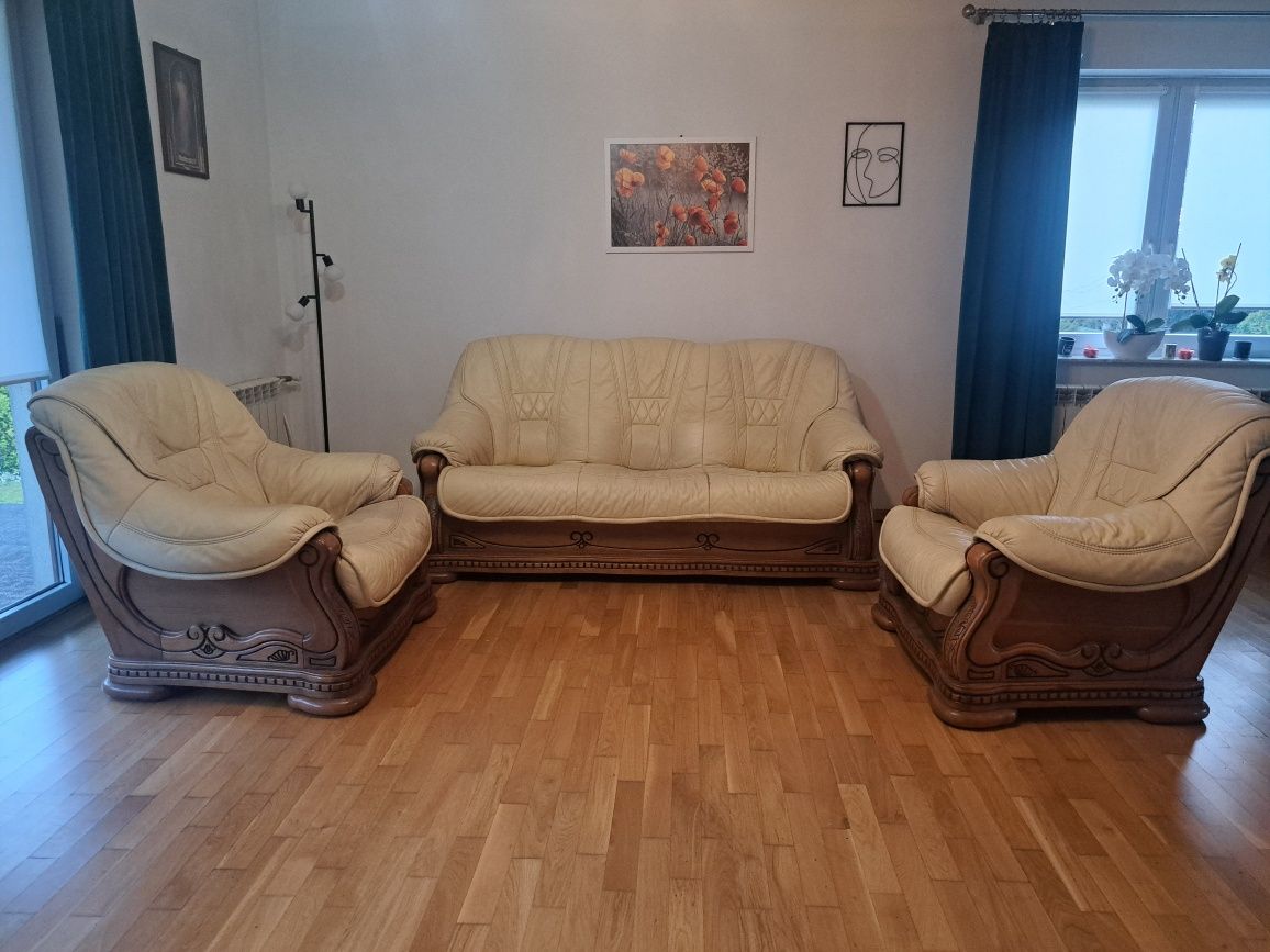Zestaw wypoczynkowy sofa + 2 fotele ze skóry