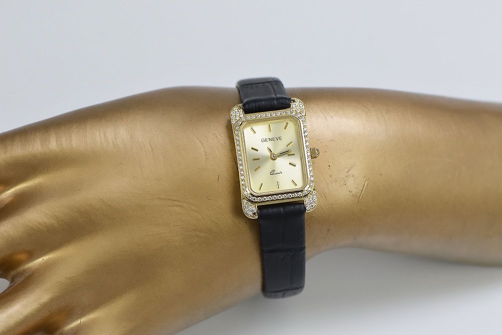 Prześliczny 14K 585 złoty prostokątny damski zegarek Geneve Gdańsk