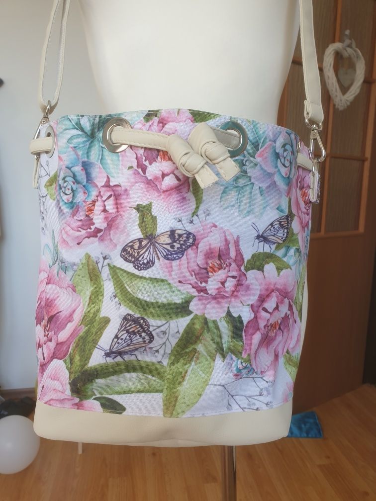 Nowa torebka bucket bag hand made torebka worek kwiaty kolorowa