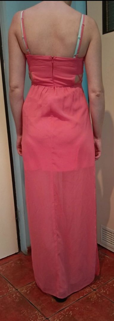 Koralowa, różowa długa maxi sukienka z rozporkami po bokach, rozmiar S
