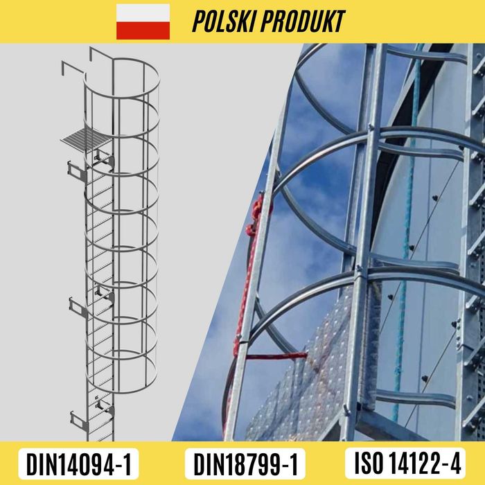 Drabina ewakuacyjna z koszem ochronnym i podestem ocynkowana BHP