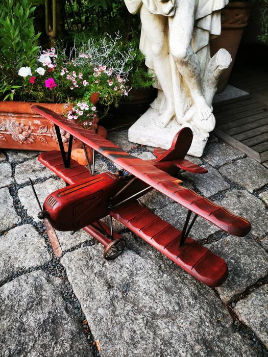 Stary samolot - duży, kolekcjonerski model dwupłatowiec, drewno, metal