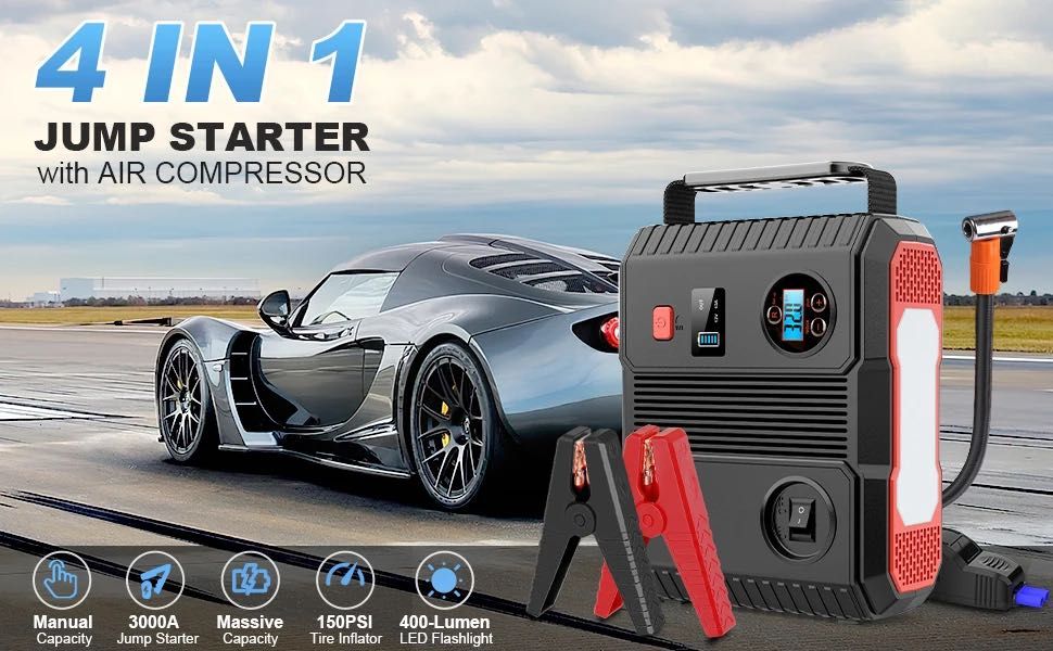 Jump Starter 4 em 1 com Inflador de Ar * 12V * 3000A