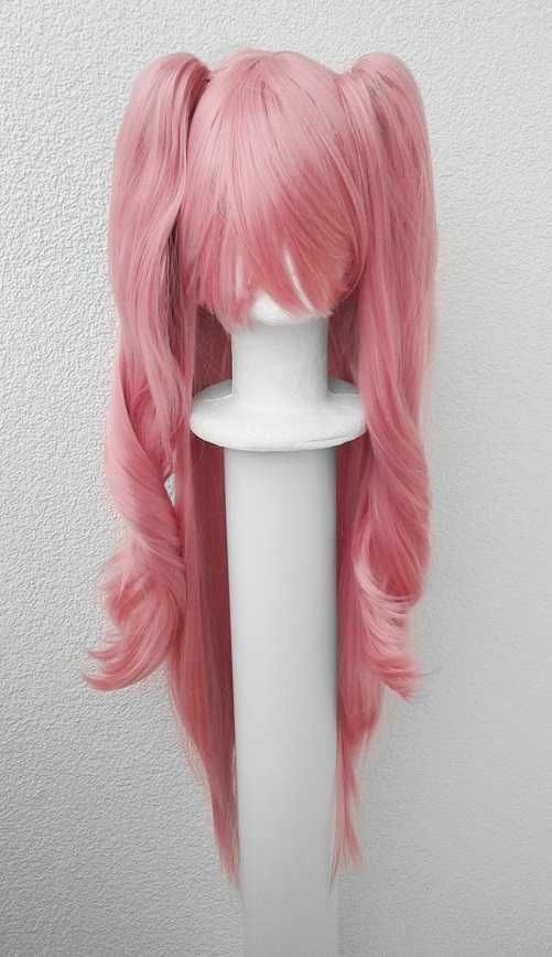 Krul Tepes Różowa długa prosta peruka z kitkami grzywką cosplay wig