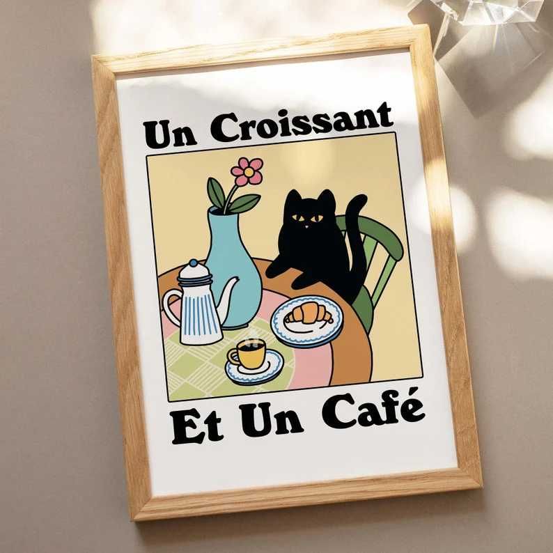 Obraz Na Płótnie Kot Z Kawą Do Kuchni 60x40 "Un Croissant, Et Un Cafe"