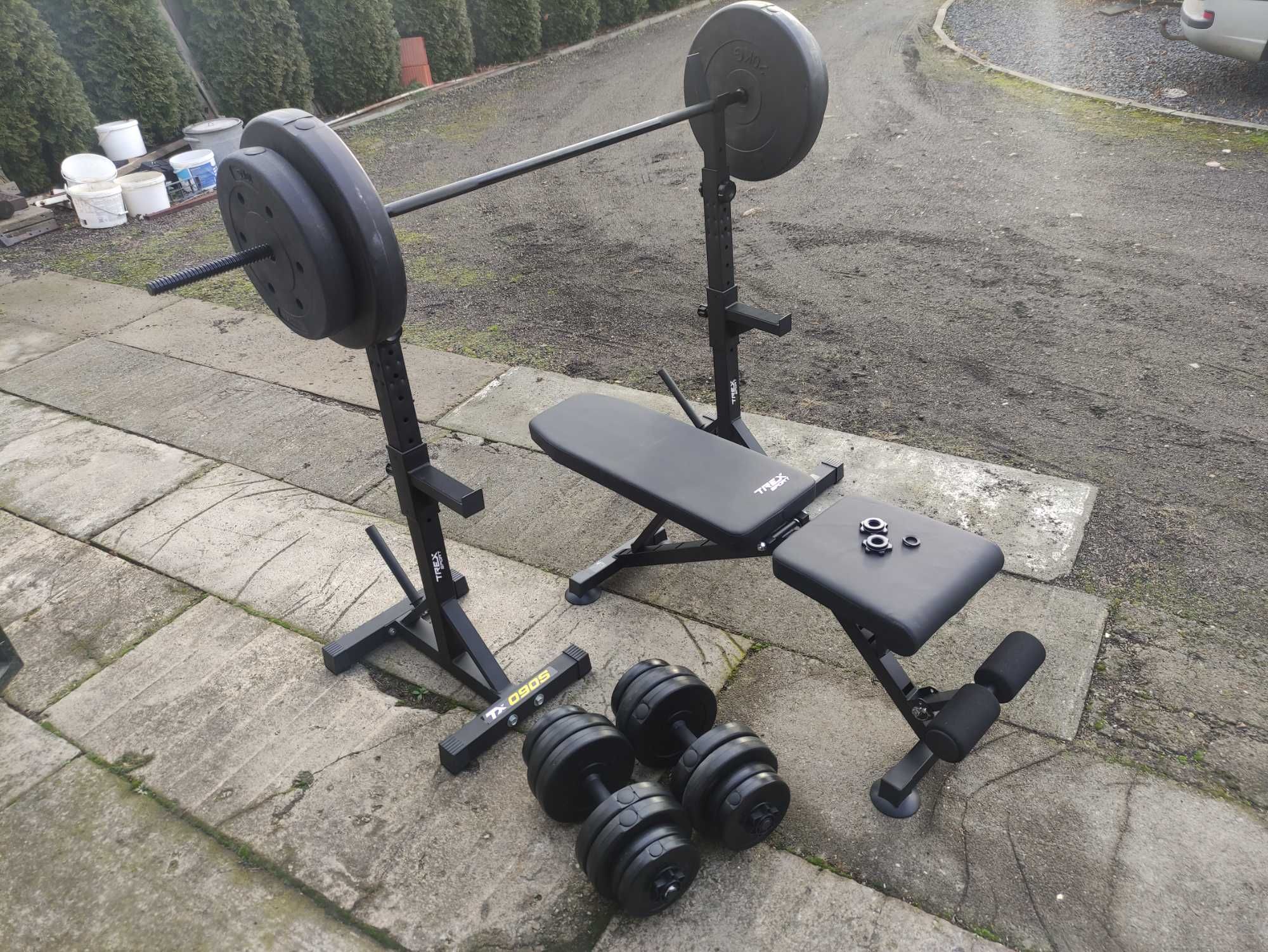Ławka ławeczka stojaki z asekuracją gryf 97kg hantle obciążenie