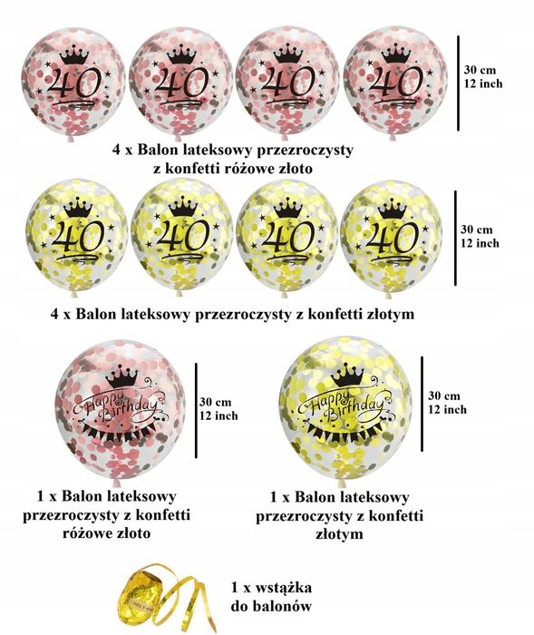 Oro Party Zestaw dekoracji urodzinowych na 40 urodziny konfetti