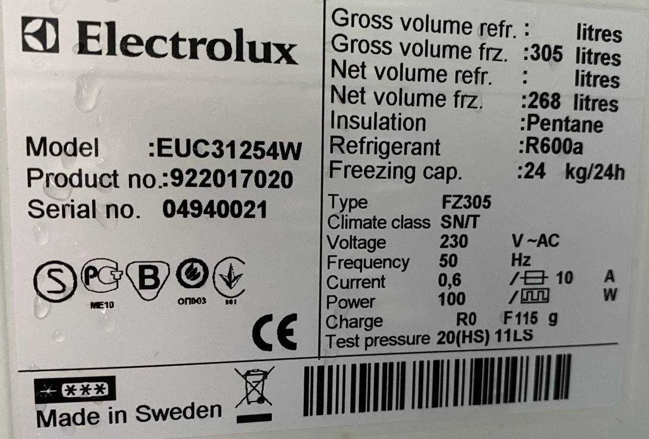 Морозильник Electrolux EUC31254W (180 см) з Європи