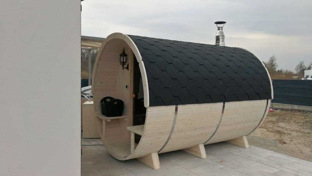 Sauna beczka 300-400cm, przedsionek, taras, przeszklenia, led!