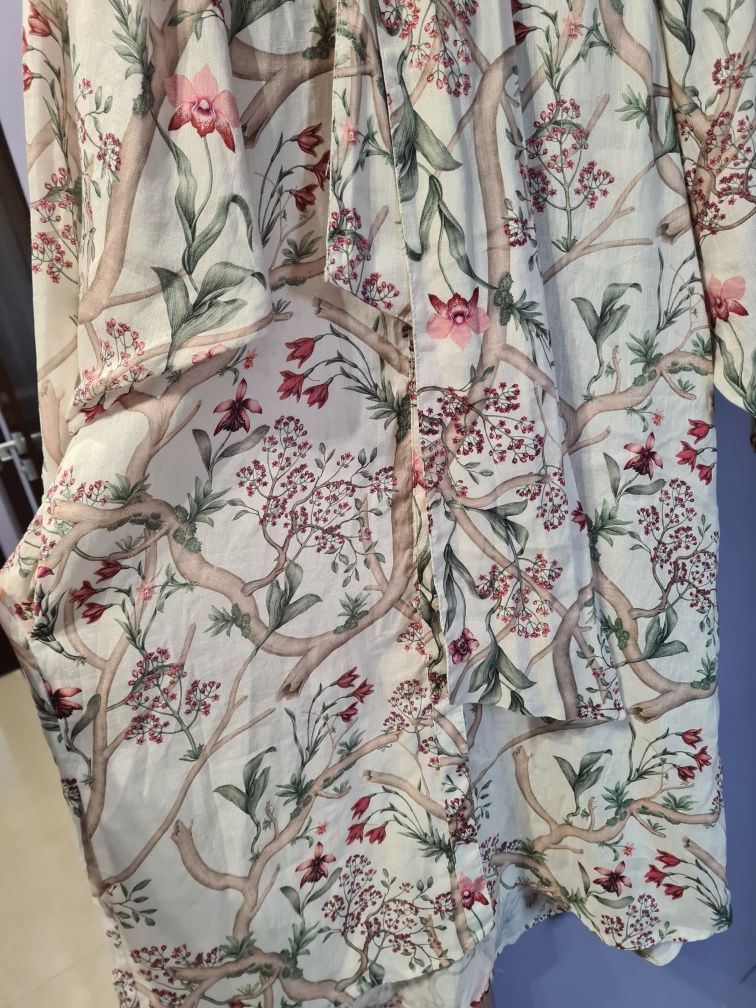 Sukienka midi H&M Johanna Ortiz M len bufiaste rękawy kieszenie pasek