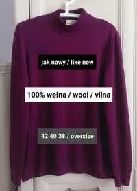 42 40 38 oversize purpurowy wełniany półgolf vintage 100% wełna