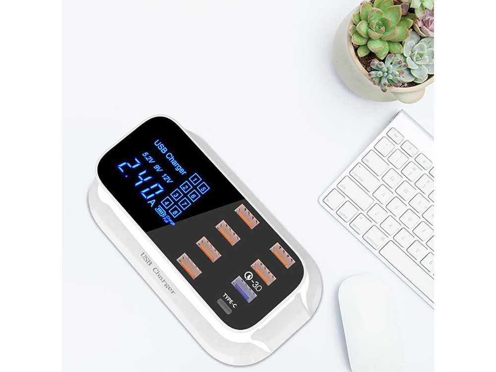 Szybka ładowarka do telefonu 8xUSB QC 3.0 TYP C biurkowa SIECIOWA LCD