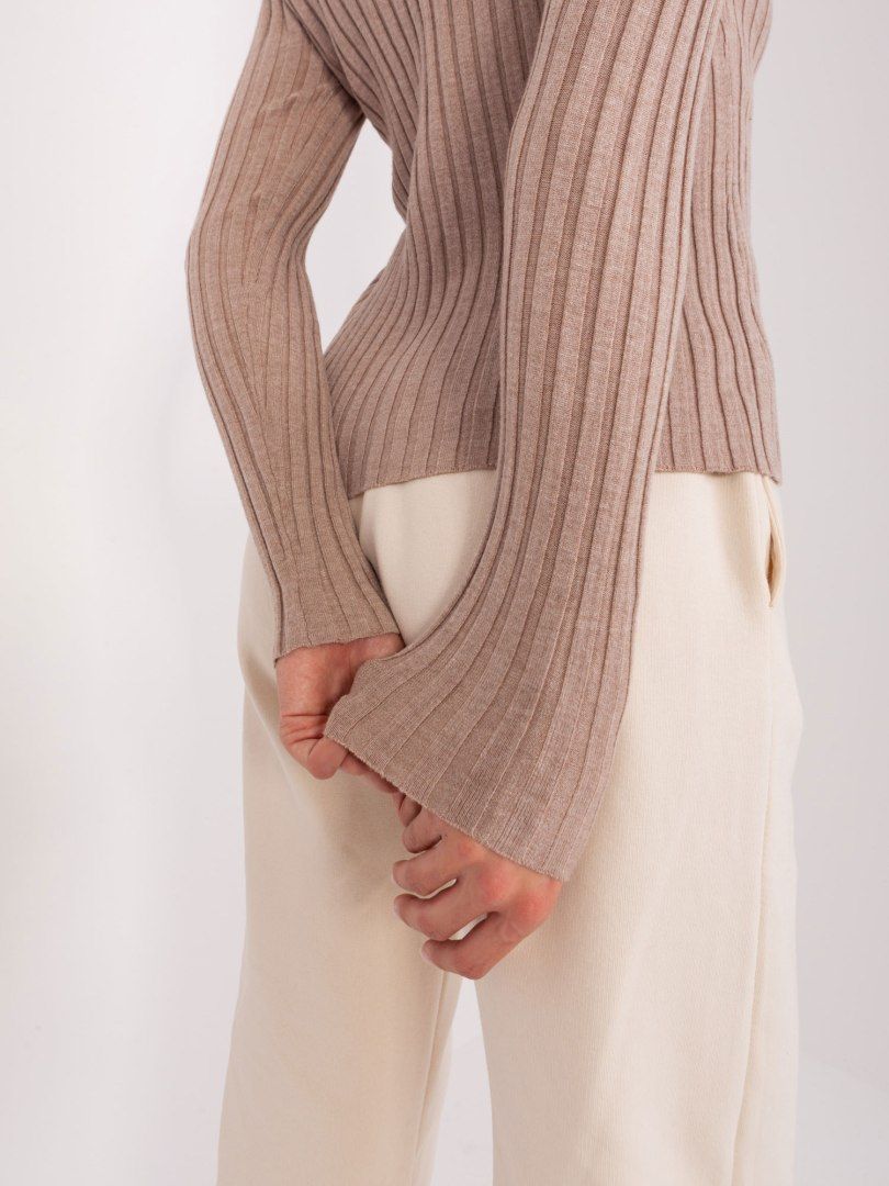 Sweter damski klasyczny w prążek ciemny beżowy M/L
