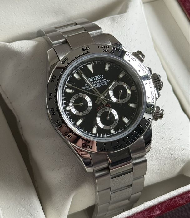 Seiko mod daytona nowy czarno srebrny z chronometrem