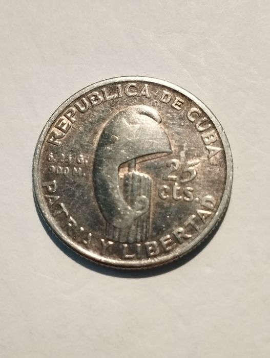 Moeda de Prata 25 cêntimos 1953, em Prata 900 de Cuba