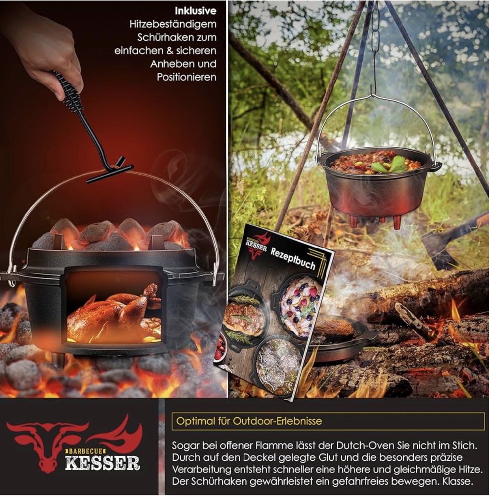 KESSER® Zestaw Dutch Oven garnek do duszenia grilla, żeliwny garnek