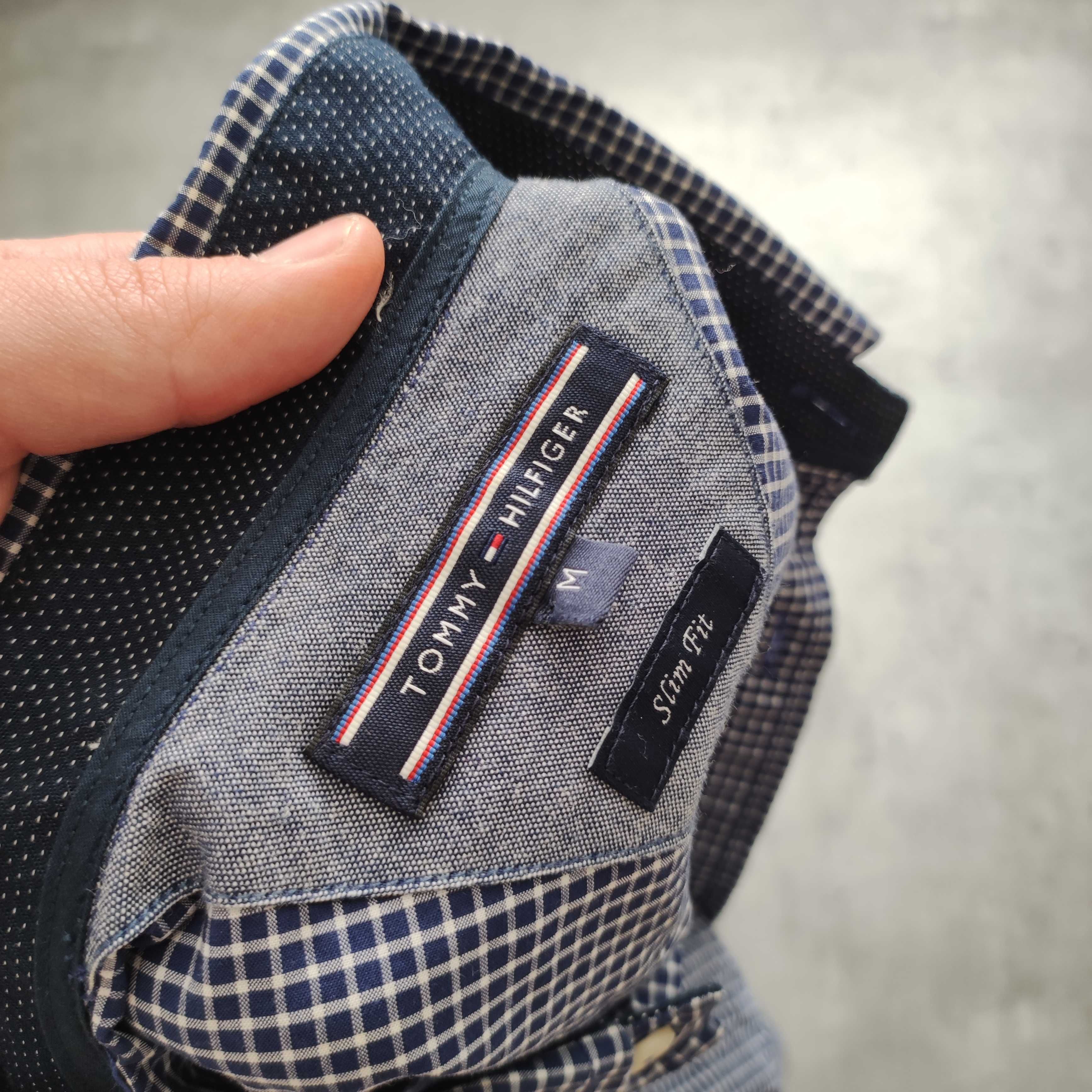 MĘSKA Elegancka Bawełna Koszula Kratka PREMIUM Granat Tommy Hilfiger