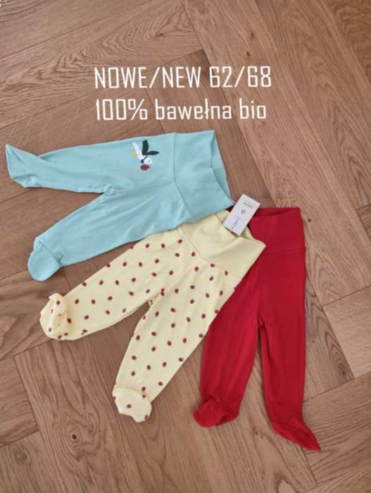 Zestaw 3szt nowe spodnie dresowe niemowlęce 62/68 bawełna ze stópkami