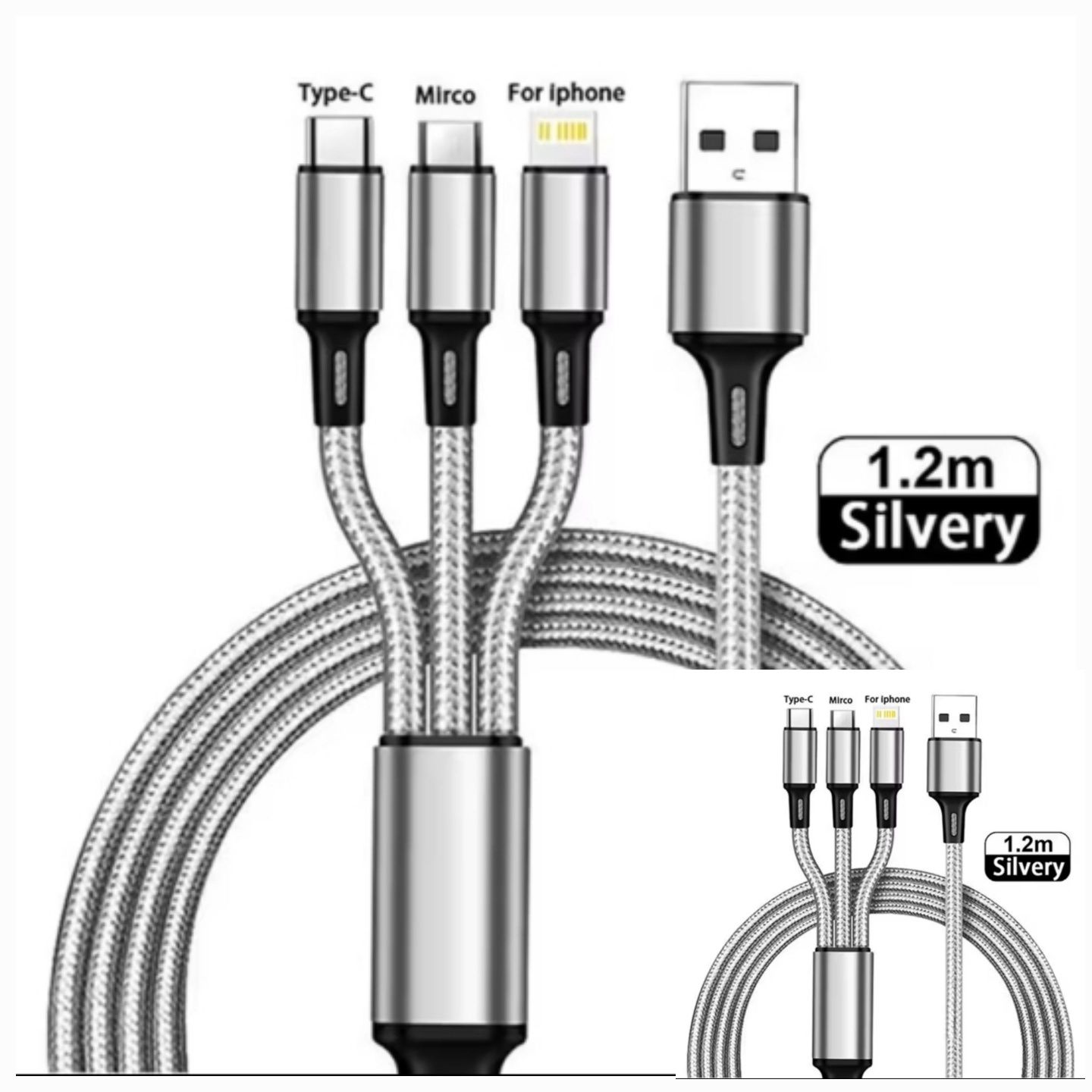 2шт Зарядний кабель 3в1 (Iphone Type-C MicroUSB) 1,2м зарядный