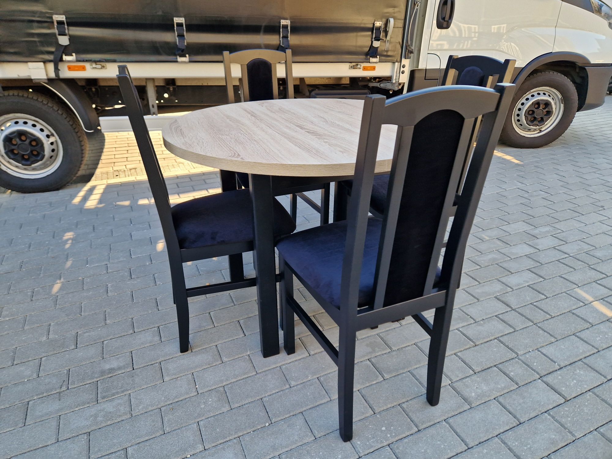Nowe: Stół okrągły + 4 krzesła,  czarny/sonoma + czarny , dostawa PL