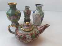 3 Jarrinhas e 1 Bule Cloisonne , cerca 1950