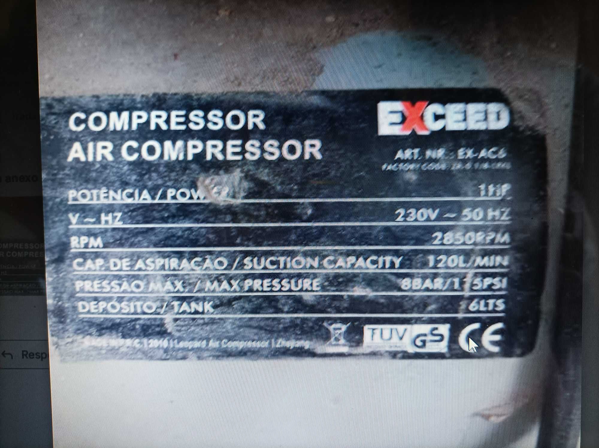 Compressor a ar, como novo, 6 litros ver ficha técnica