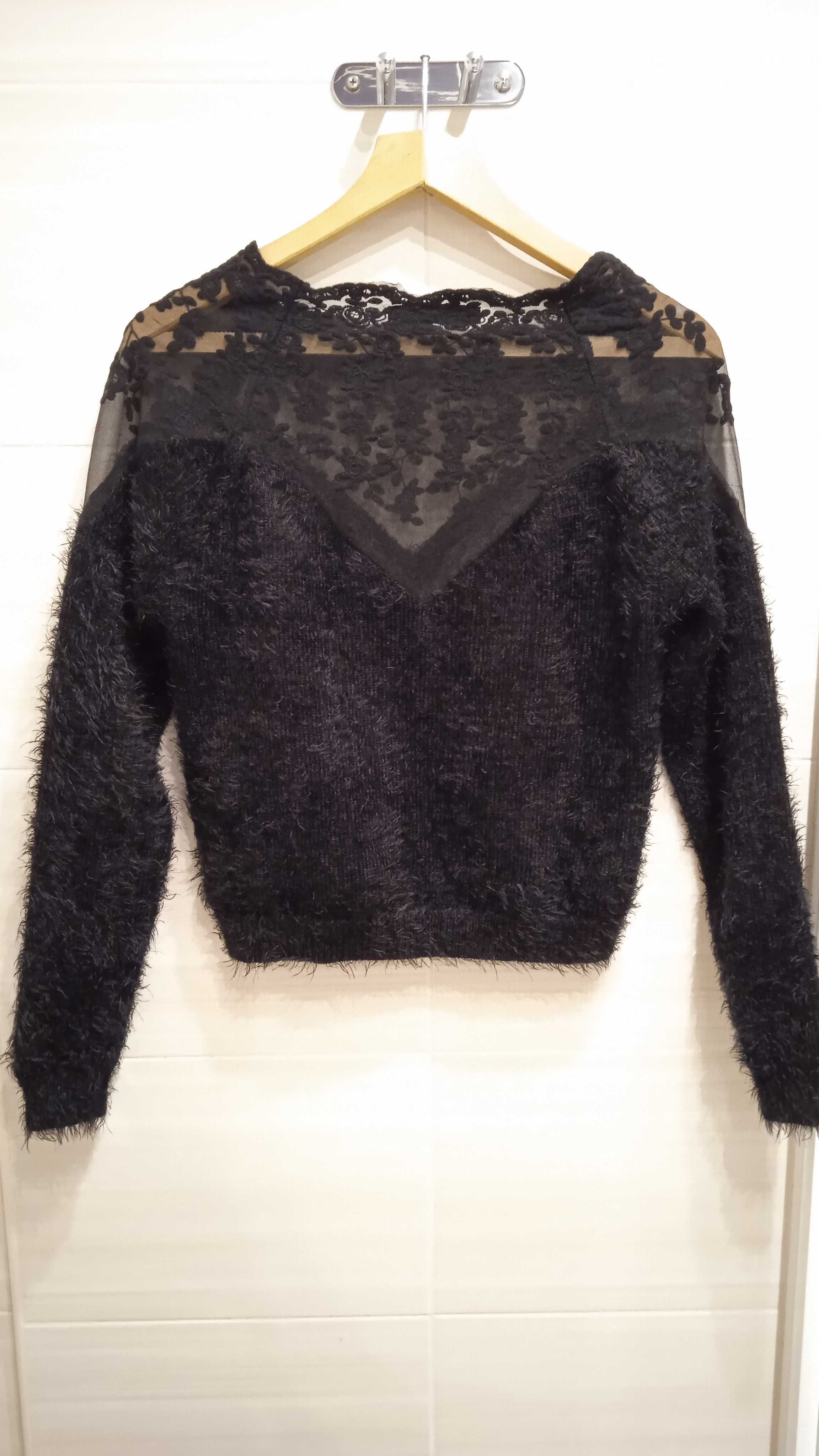 Czarny włochaty sweter z koronką Tally Weijl 38 M elegancki zmysłowy