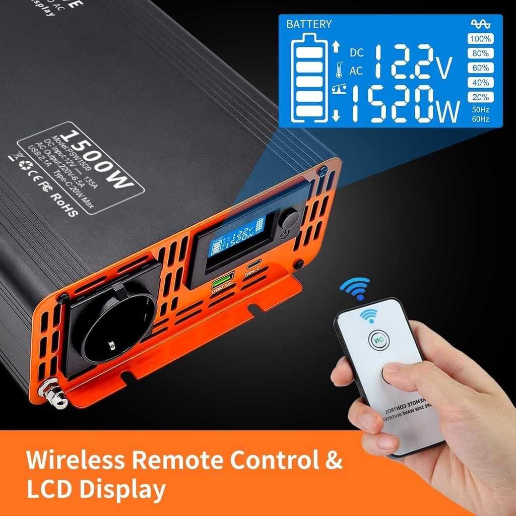 Falownik DATOUBOSS 1500W czysta sinusoida 12V na 230V LCD + pilot