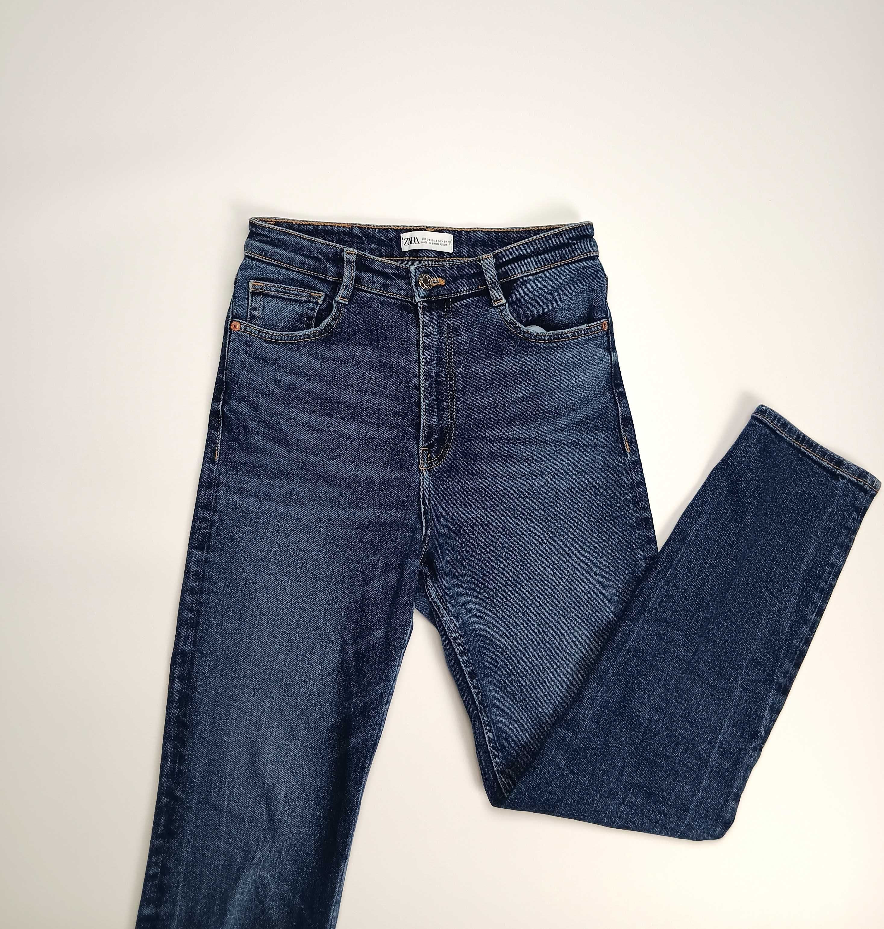 Granatowe spodnie jeansowe damskie rurki wysoki stan Zara S/36