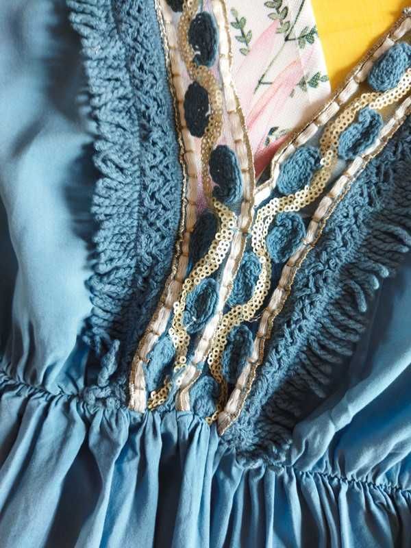 Sukienka letnia midi BOHO ozdobny dekolt kolor morski S M L