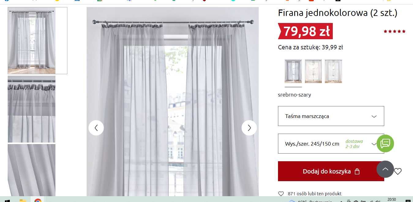 Firana jednokolorowa (2 szt.) NOWE srebrne-szare