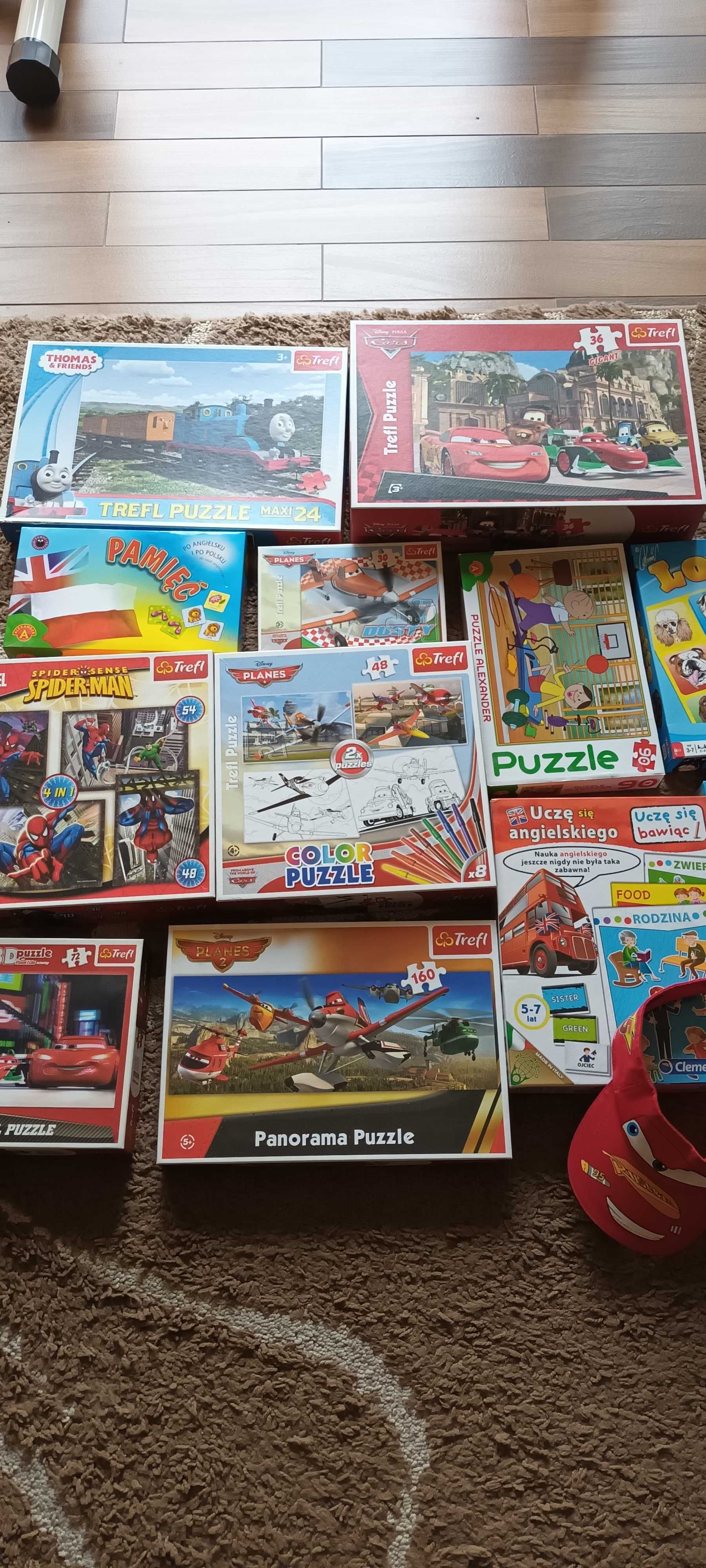 Puzzle zestaw dla dzieci 9 sztuk + 3 gry+ czapka z daszkiem  Auta