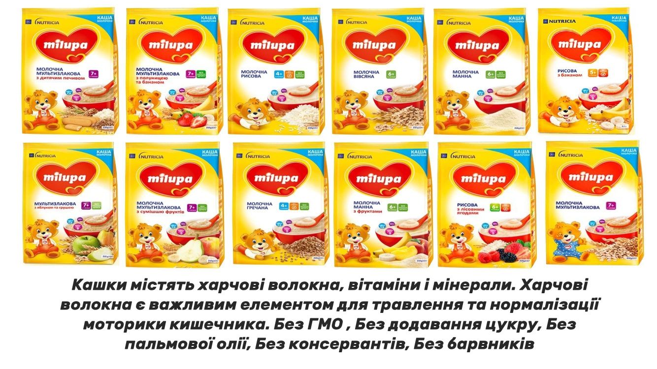 Дитяче харчування Milupa: молочні суміші 1,2,4; каші молочні та безмол
