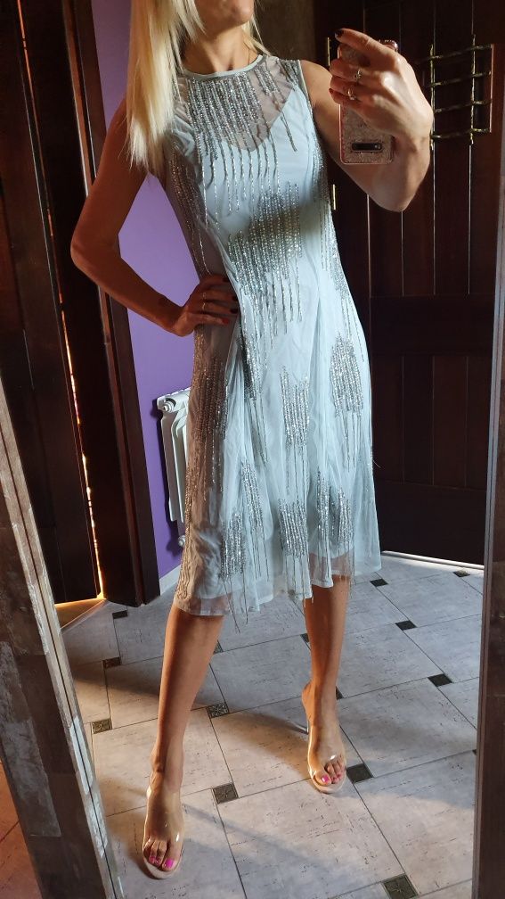 Asos śliczna sukienka ekskluzywna impreza wesele frędzle cekiny midi X