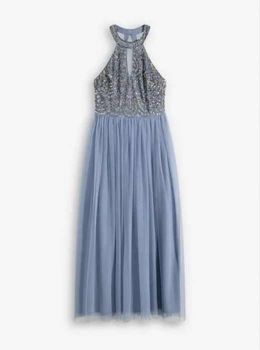 Elegancka długa sukienka w kolorze błękitnym wesele studniowka