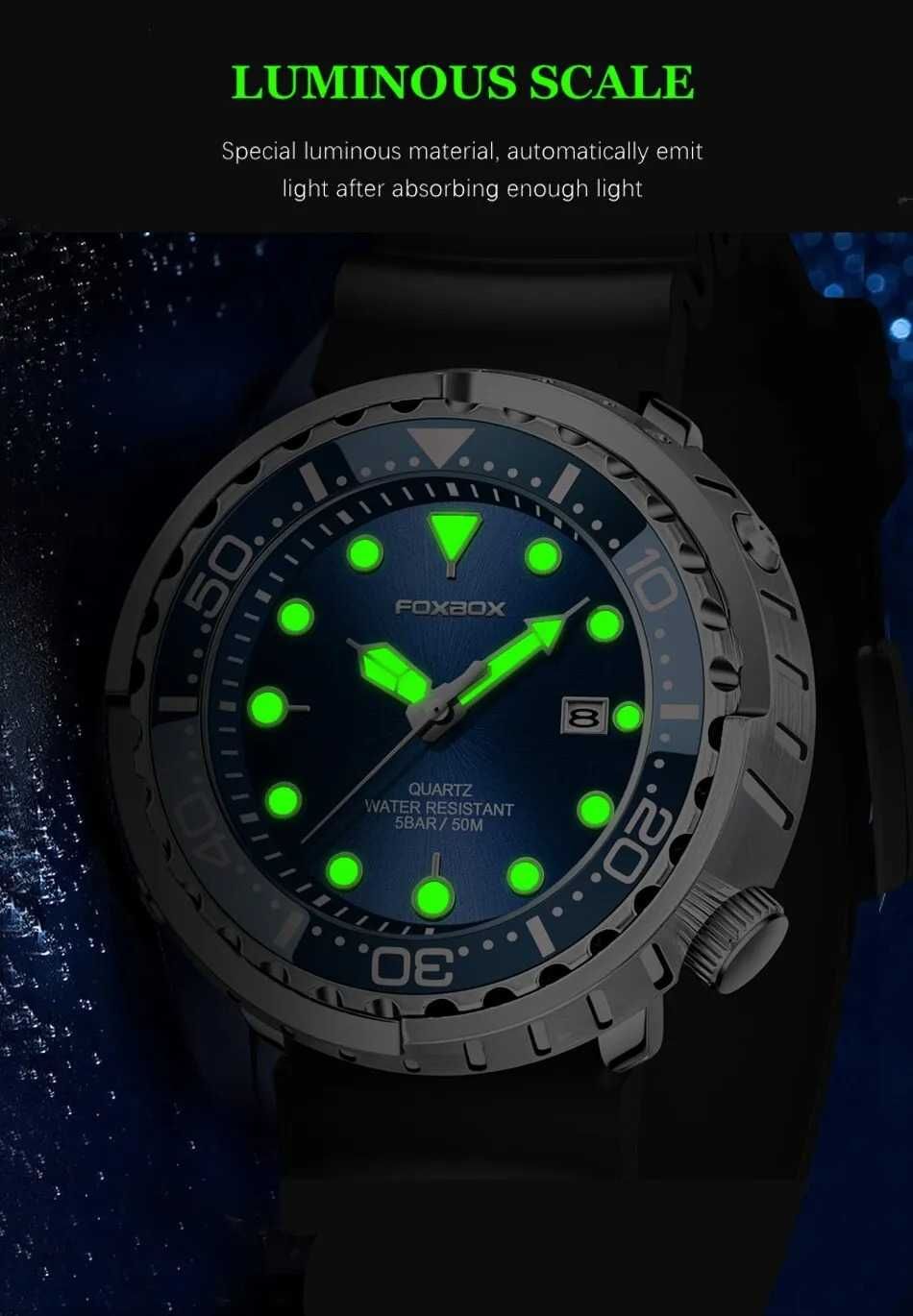 Duży zegarek Foxbox Voyager 47mm niebieski tuńczyk wodoszczelny WR50