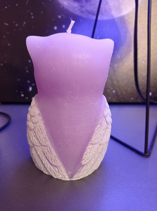 Świeczka sowa z brokatem ozdoba fioletowa